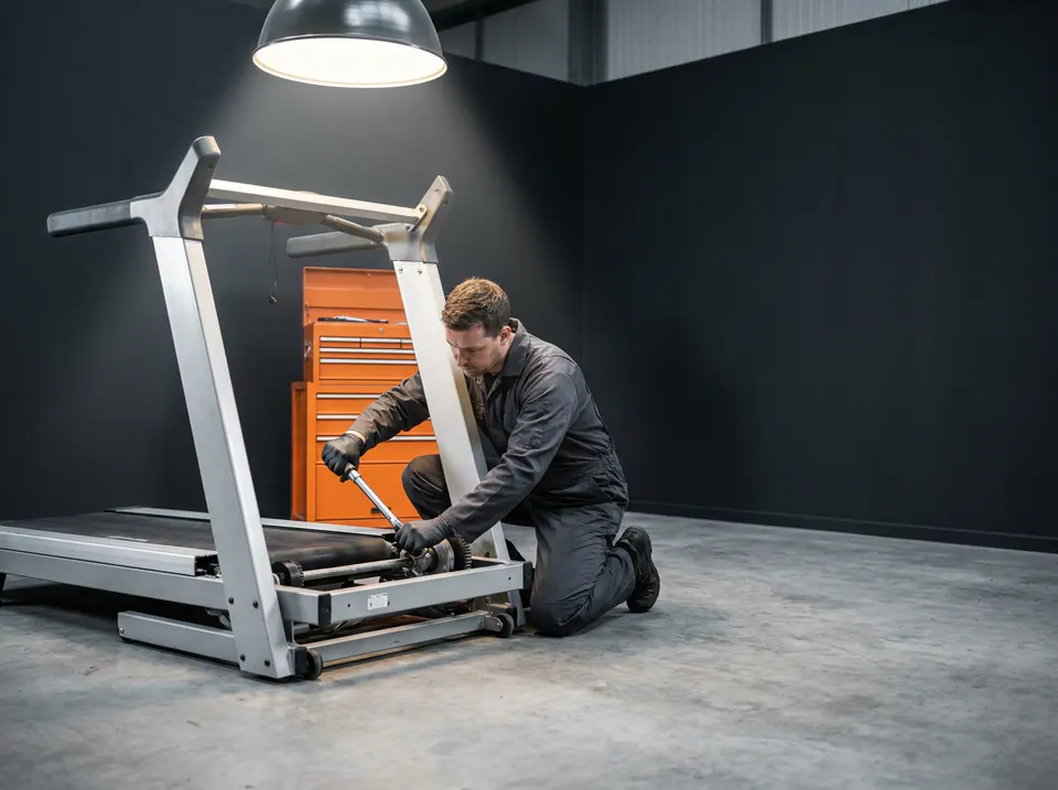 Technician servicing a commercial treadmill