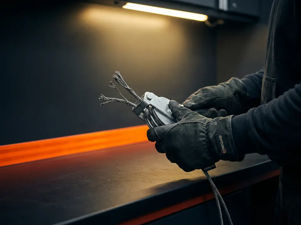 Technician inspecting a fitness-equipment cable assembly
