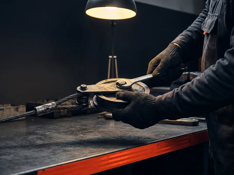 Technician calibrating a mechanical fitness-equipment assembly
